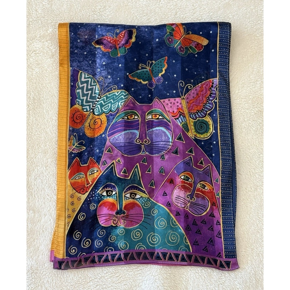2015 Laurel Burch 100% Silk Scarf Indigo Cats & Butterflies 53x11 Wearable Art - Picture 2 of 11